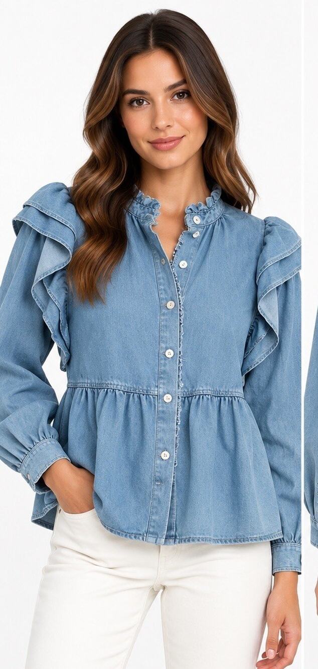 ZARA WOMAN DENIM RUFFLE PEPLUM BLOUSE SIZE XL BLUE CHAMBRAY BUTTON FRONT TOP